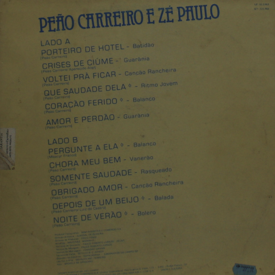 LP Peão Carreiro e Zé Paulo Álbum Os Diplomatas Ano de